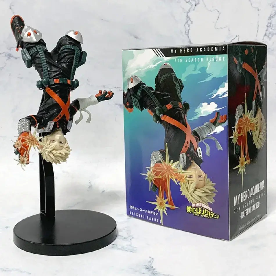 Black and orange hero academia katsuki bakugo action figure in dynamic upside-down pose with white hair and red boots