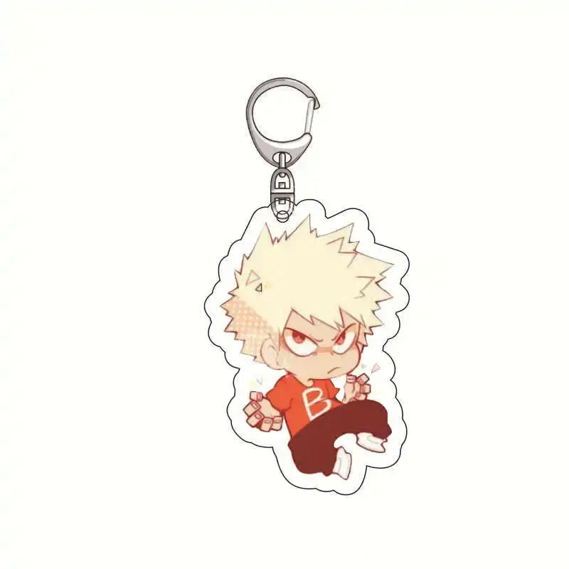 A translucent acrylic keychain featuring chibi izuku midoriya with spiky blonde hair in an orange shirt from hero academia