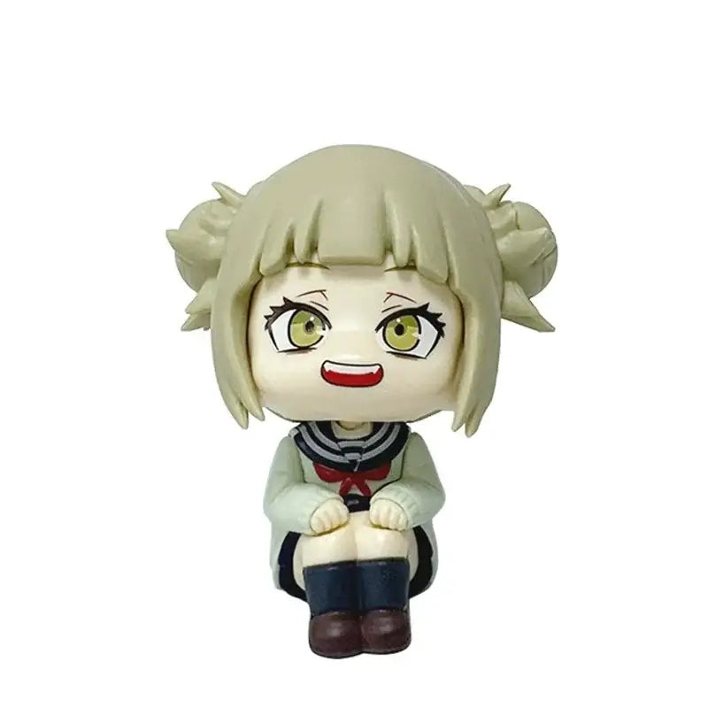 Chibi-style pvc figure of a hero academia izuku midoriya character with light beige twin buns and navy blue school uniform