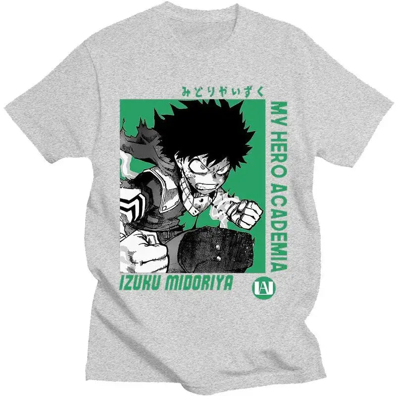 Gray heathered short sleeve t-shirt featuring a green and black izuku midoriya graphic from hero academia