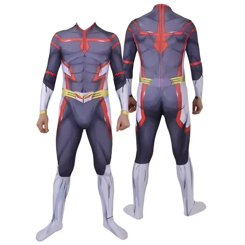 My hero academia mt lady cosplay jumpsuit in deep purple with red and white accents and yellow belt for halloween