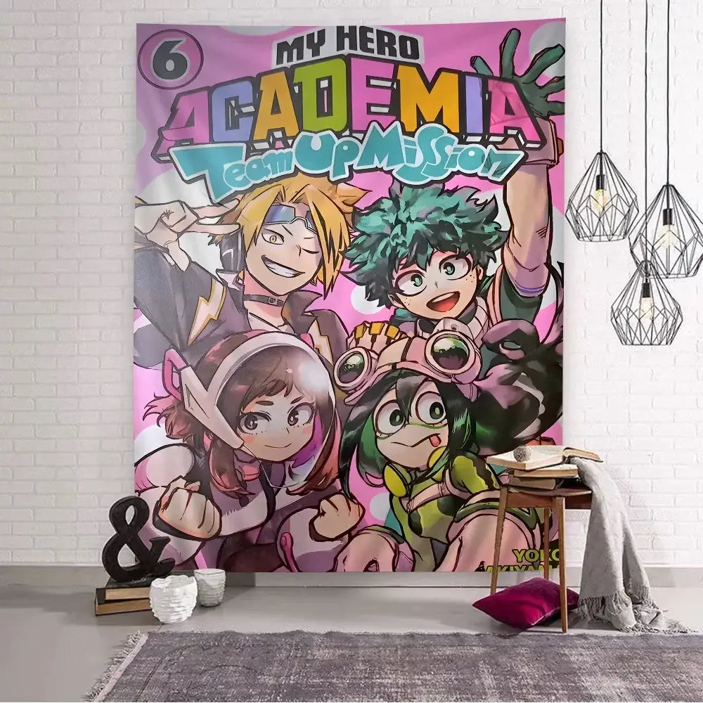 My hero academia wall tapestry with vibrant pink and purple colors featuring dynamic characters for home decor