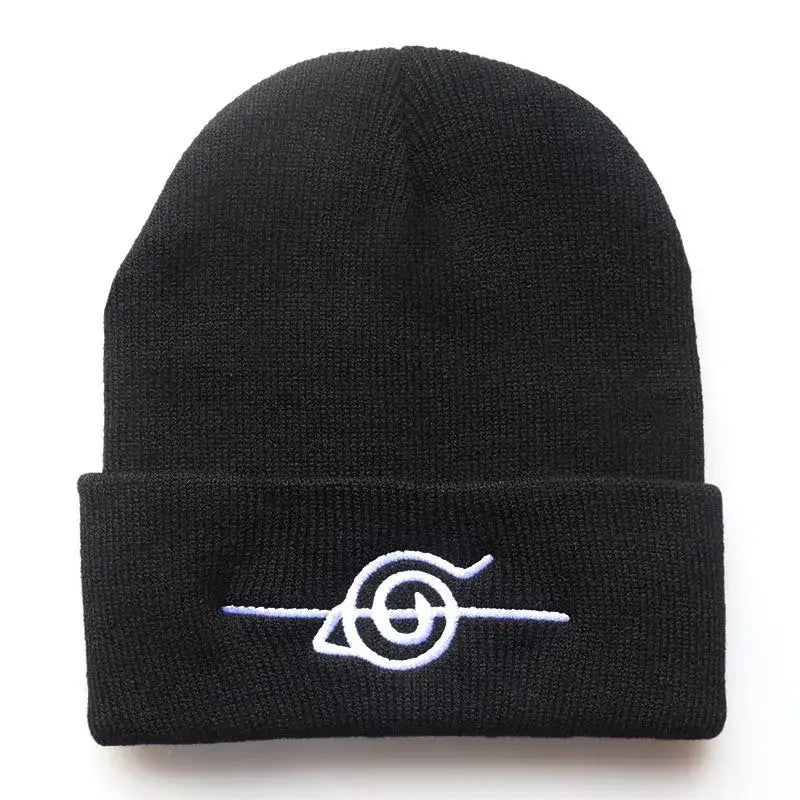 Black knitted bonnet with white embroidered uzumaki clan symbol and red cloud embroidery on folded cuff