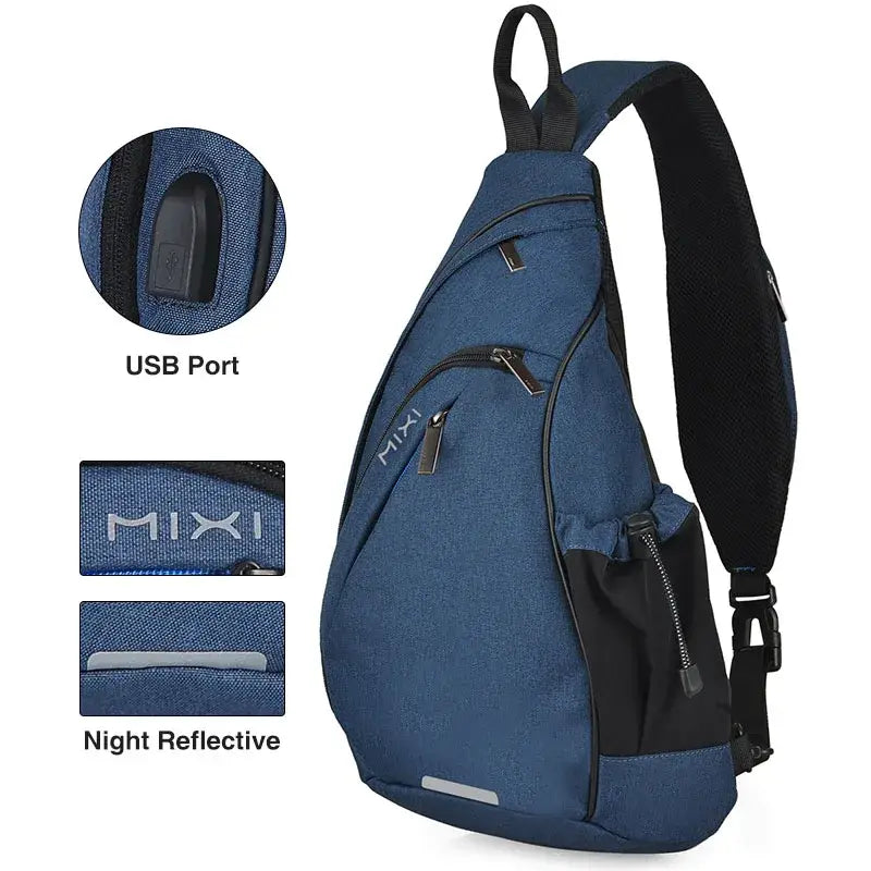 Naruto Itachi blue mixi sling bag with black accents usb port and night reflective strip crossbody backpack