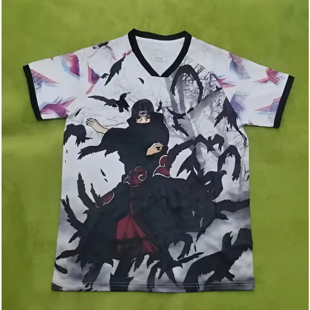 White short-sleeved v-neck Naruto Itachi Uchiha jersey t-shirt with black trim and detailed anime crow graphic