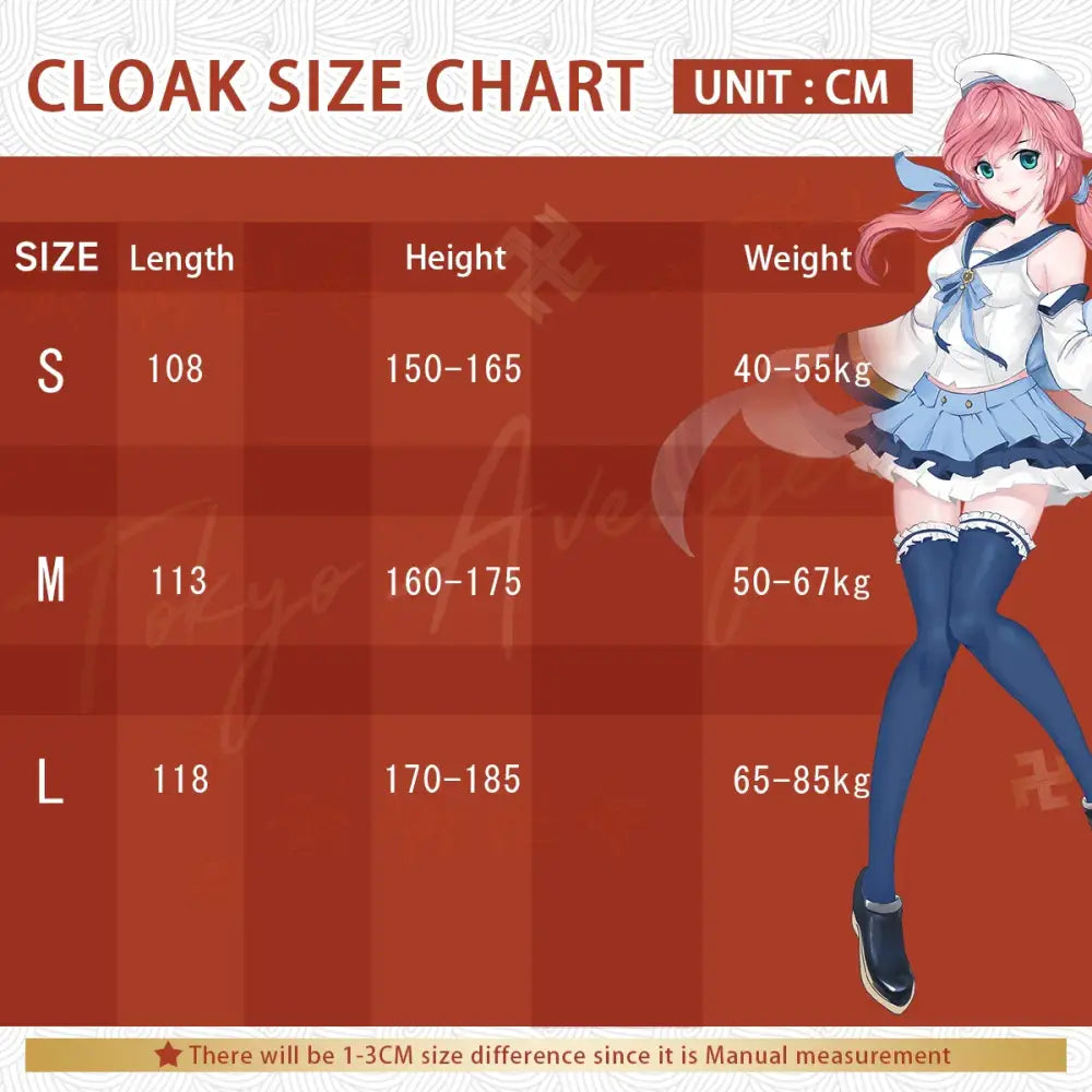 Red cloak size chart with white text and anime-style girl in sailor outfit for naruto kakashi cosplay costumes