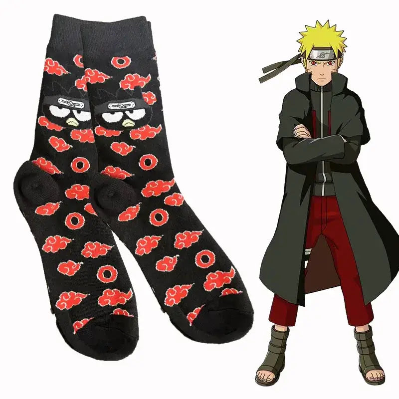 Black Naruto knitted crew socks featuring red cloud motifs and cartoonish eyes with headbands for unisex gift