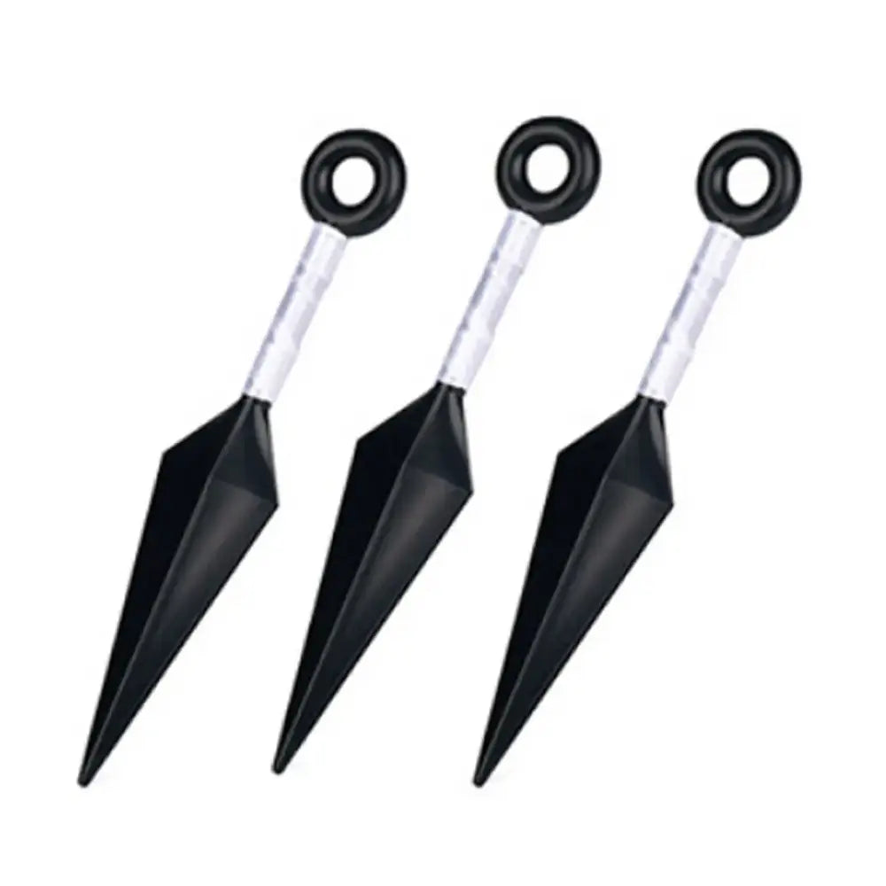 Three black plastic naruto kunai with transparent handles and circular rings in a naruto kunai cosplay set