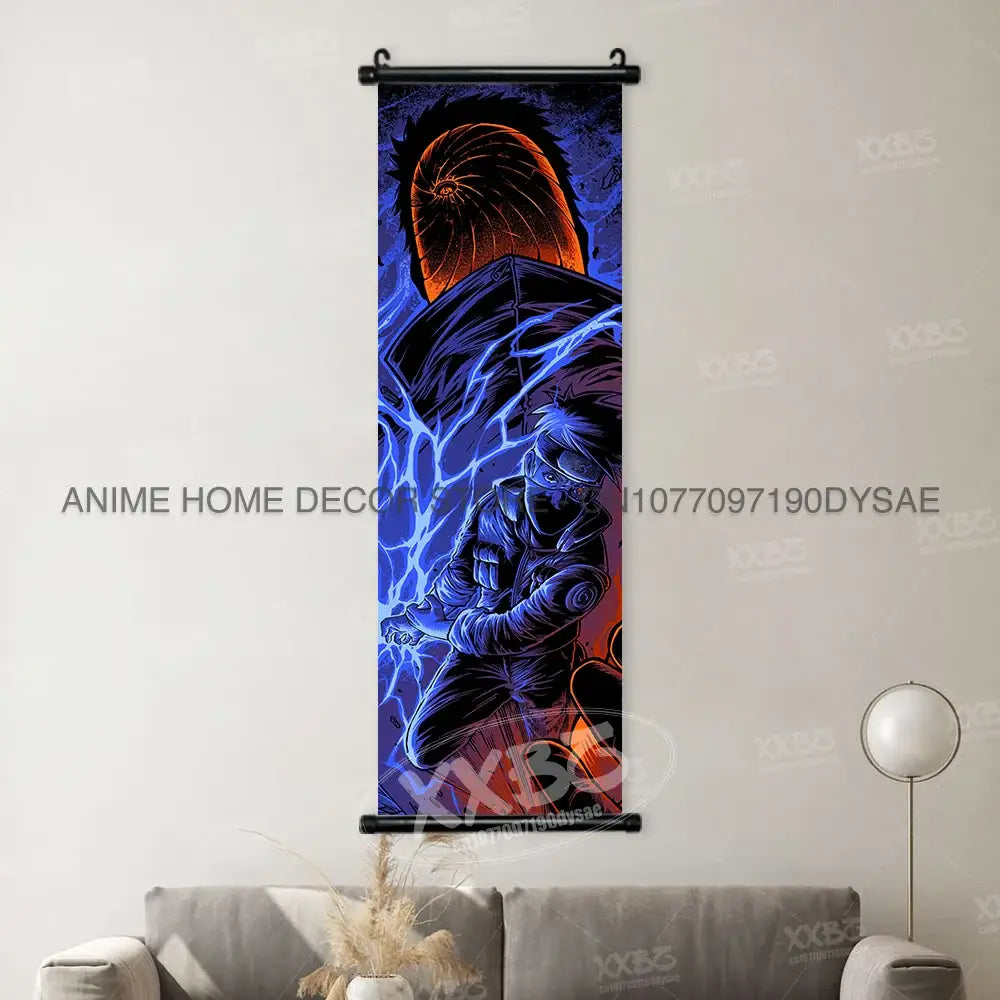 Naruto Madara wall scroll poster vibrant anime decor featuring dynamic character in dark blue and orange with electric effects