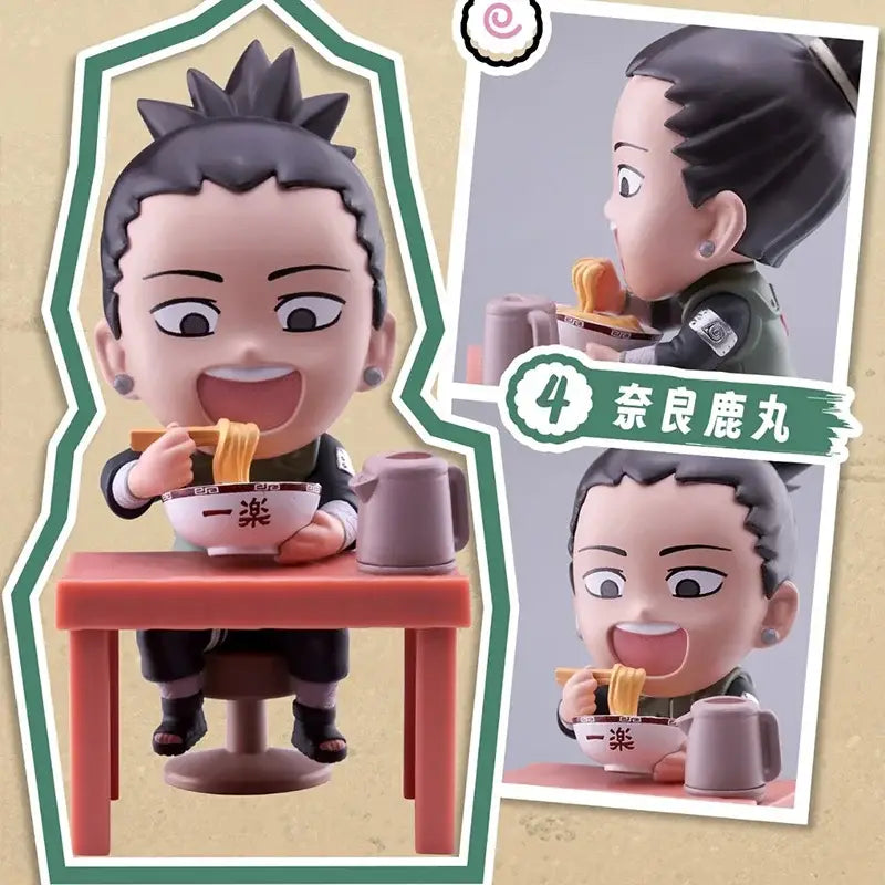 Chibi-style neji hyuga figurine blind box handmade ornament eating ramen at red table with chopsticks in ninja uniform