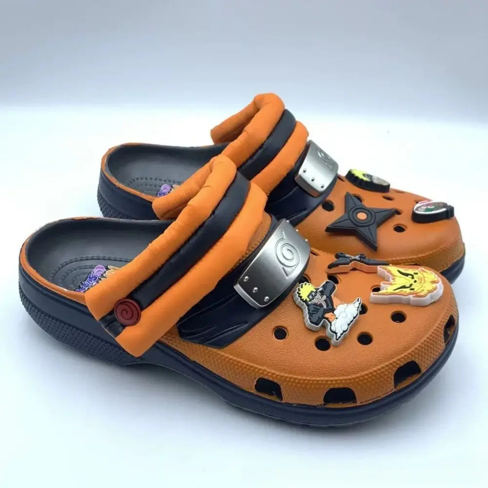Orange and black naruto sasuke beach sandals clogs with character charms and metallic headband buckle non slip summer slippers