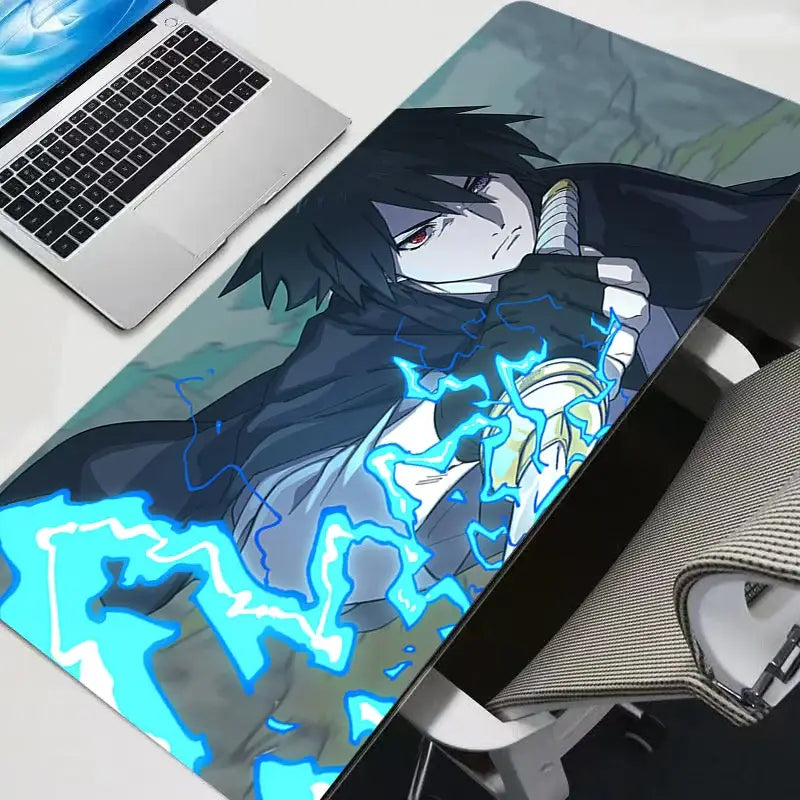 Blue lightning-themed sasuke uchiha mouse pad featuring hd print on rubber mat for gaming use