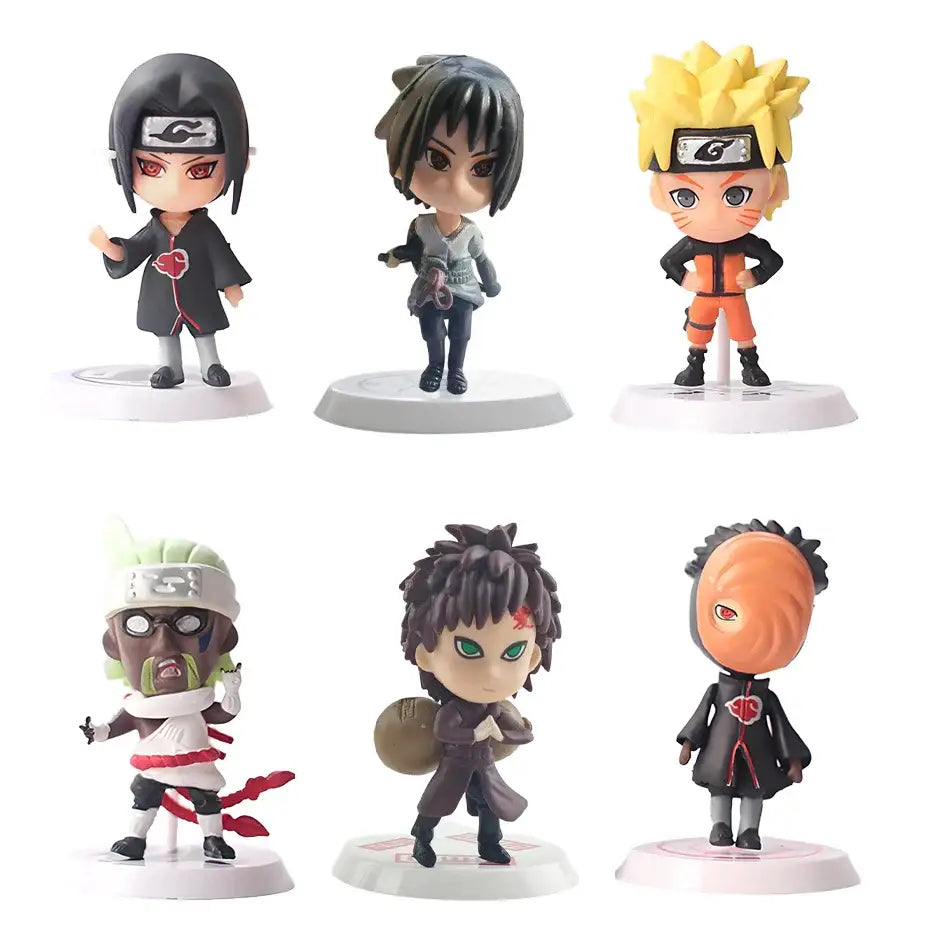 Six chibi-style naruto shippuden akatsuki character figurines in colorful outfits from a 12-piece q-version figure set