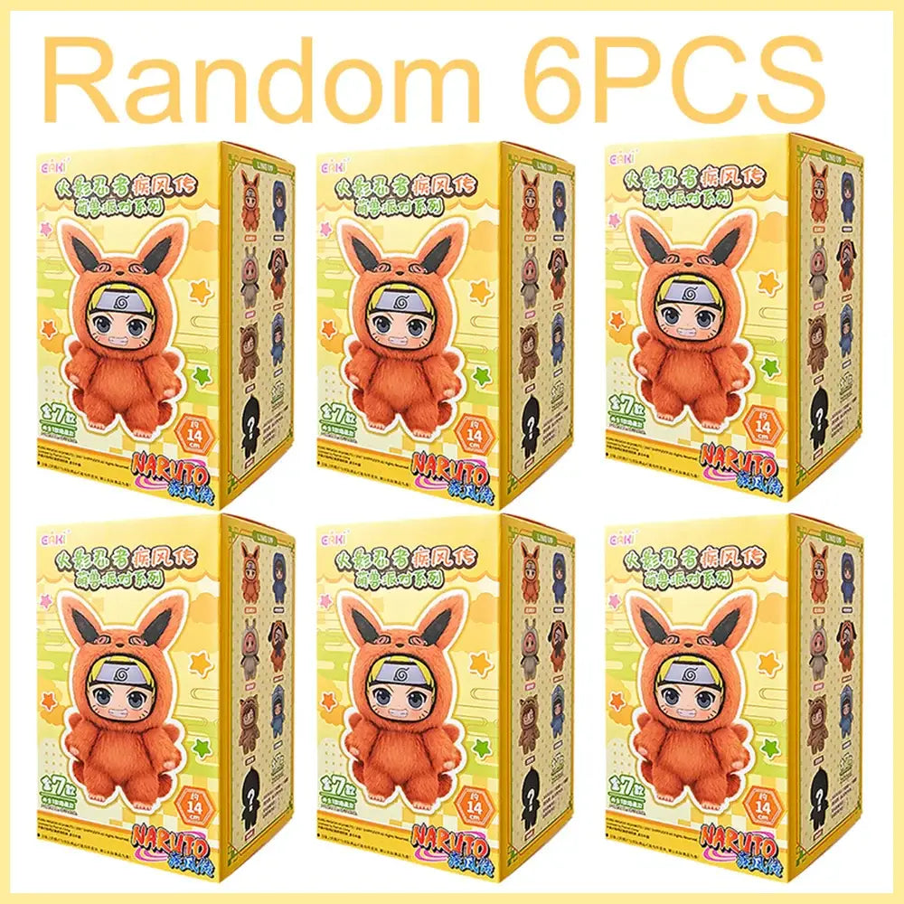 Orange fox-themed naruto shippuden stuffed doll in yellow blind box packaging for collectible display