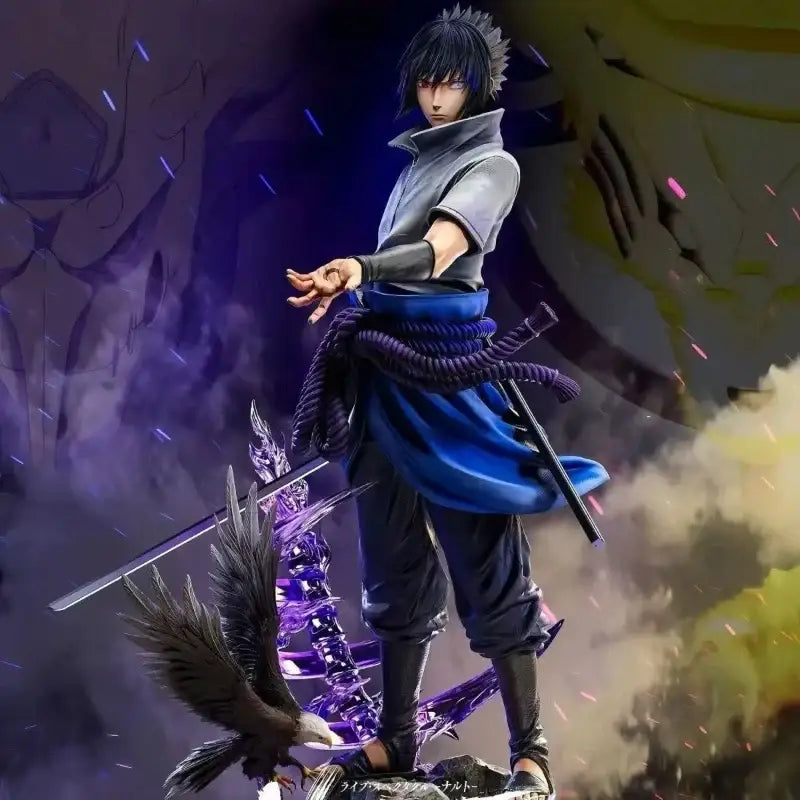 Naruto shippuden sasuke pvc statue with black spiky hair gray high collared shirt and eagle on rocky base
