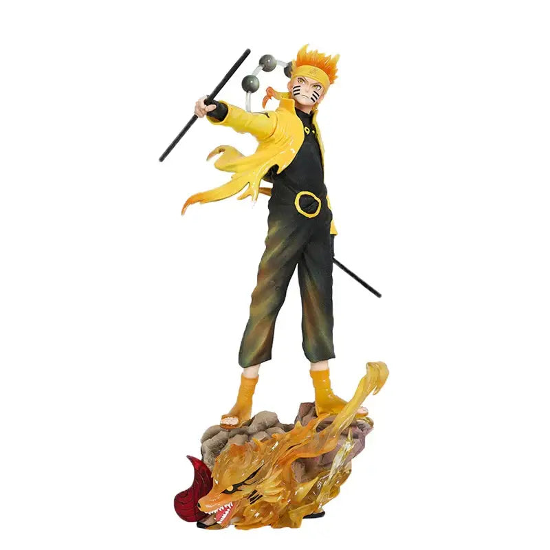 Yellow and black naruto uzumaki pvc figure with orange hair holding kunai and shuriken on fiery base collectible statue