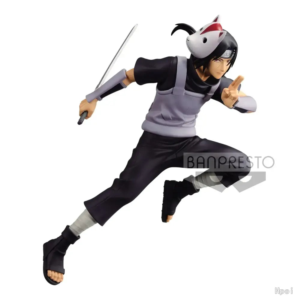 Black and gray pvc uchiha itachi figure in mid-leap wearing fox-mask and holding sword from naruto shippuden