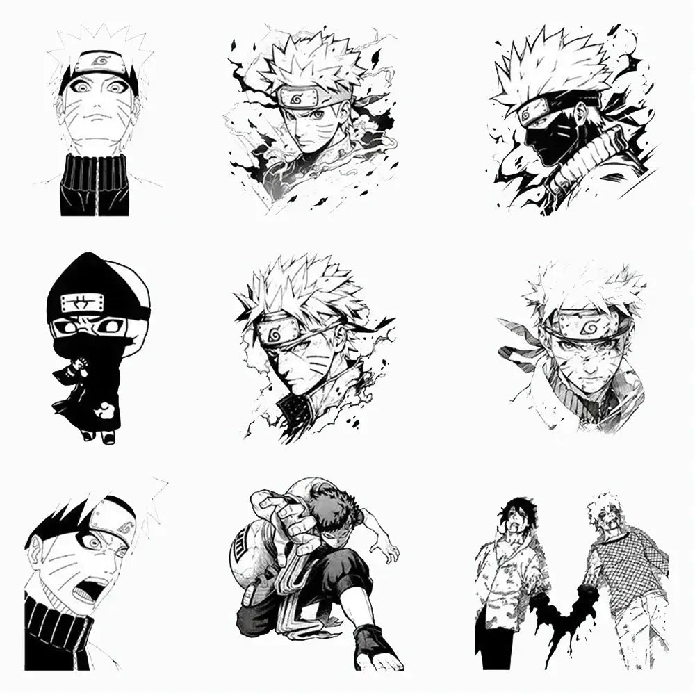Black and white illustrated naruto uzumaki character decals in various styles and poses from naruto sticker set