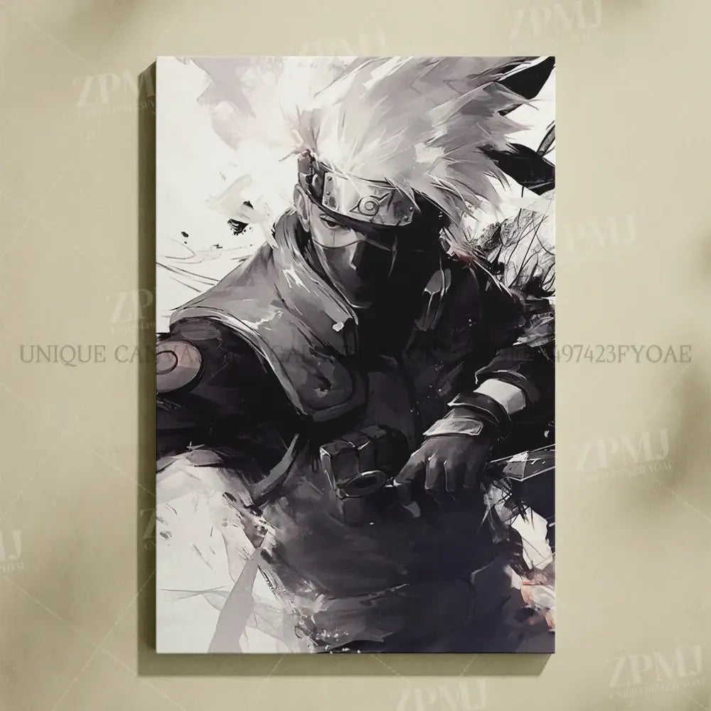 Black-and-white canvas print of kakashi hatake with spiky white hair and headband in naruto uchiha itachi canvas wall art
