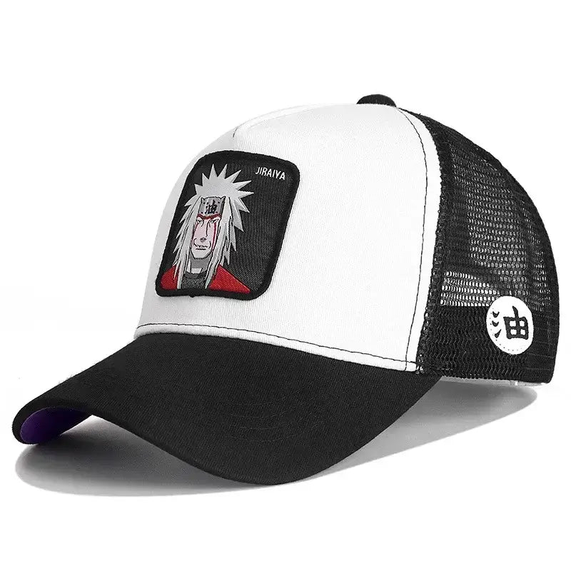 Black and white trucker cap with embroidered jiraiya patch featuring spiky silver hair and uchiha itachi branding