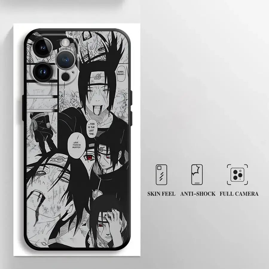 Black and white illustrated naruto uchiha itachi soft phone case made of black TPU showing back side design