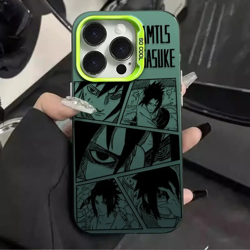 Back side of a teal shockproof phone case with lime green camera cutout featuring black naruto uchiha sasuke manga art and text