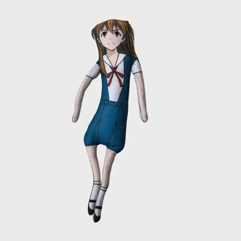 Neon genesis evangelion asuka plush doll with brown pigtails wearing blue sailor dress and wire skeleton frame