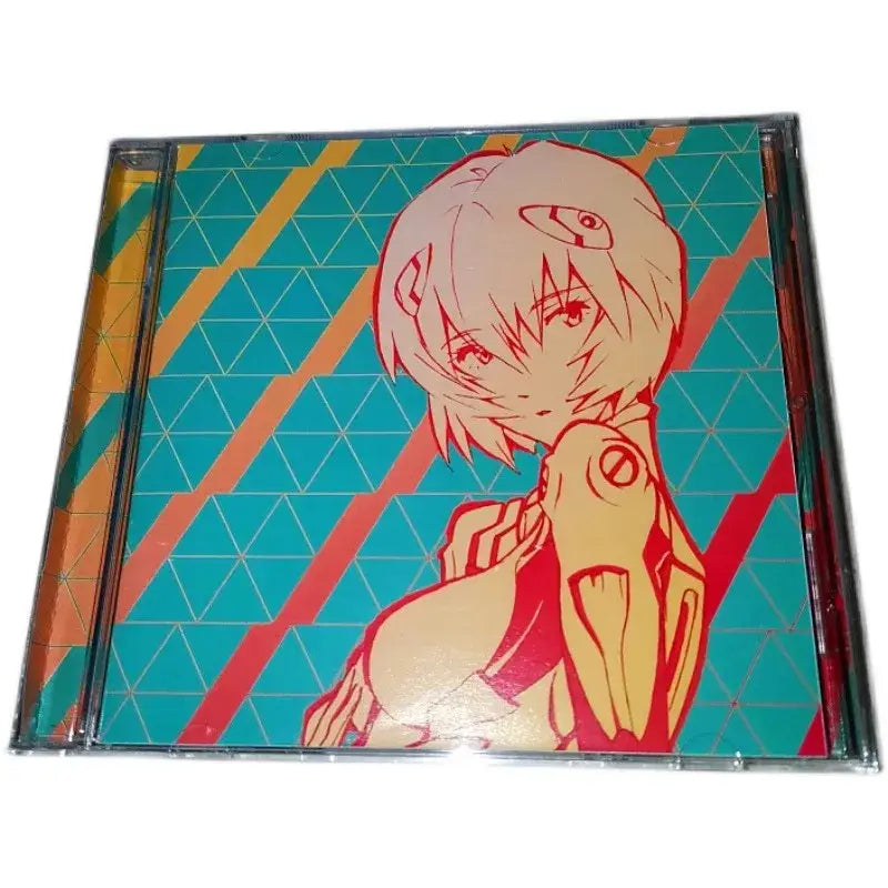 A vibrant anime-themed cd case featuring ayanami rei from neon genesis evangelion with teal orange and red geometric background