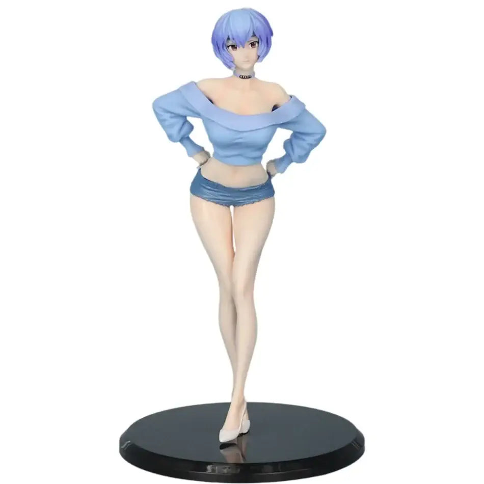 Neon genesis evangelion ayanami rei pvc statue featuring blue-haired anime figurine in light blue top and denim shorts