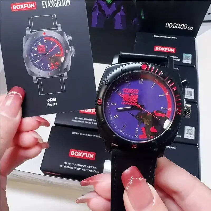 Black watch with purple and red evangelion face in rugged case from neon genesis evangelion blind box collection