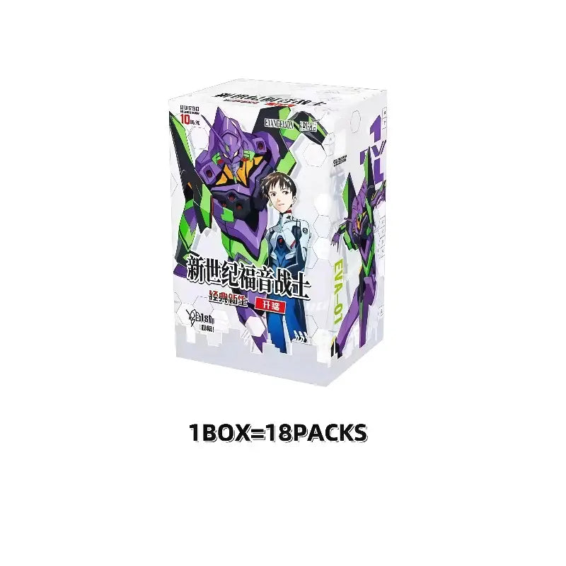 White cardboard box with purple and green neon genesis evangelion unit-01 character card set containing 18 packs