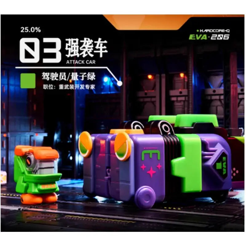 Purple and green plastic toy attack car with orange accents inspired by eva-206 in neon genesis evangelion action figure collection