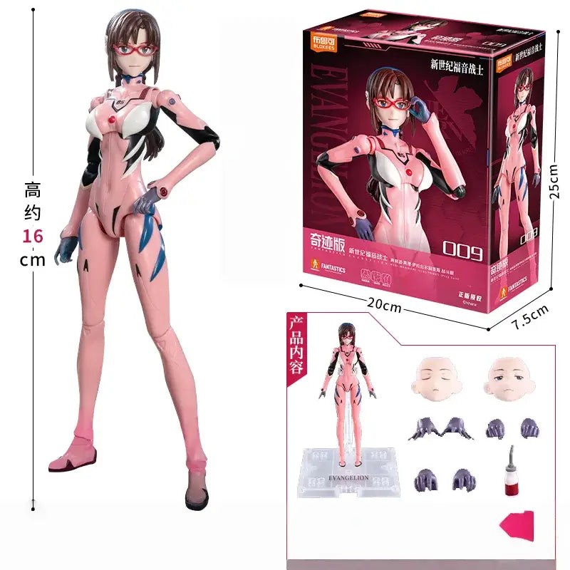 Neon genesis evangelion mari makinami action figure with pink and white armor black accents and blue wing markings