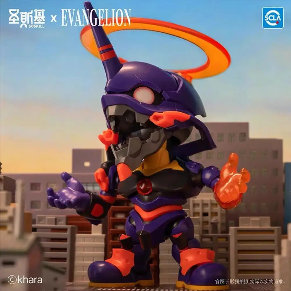 Purple and orange neon genesis evangelion q edition build box assembling figure with sleek stylized design