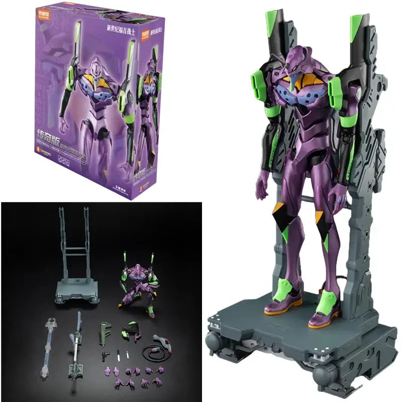 Purple and green neon genesis evangelion assembled figure with black yellow and orange accents on gray display stand