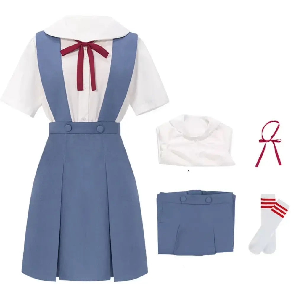 Neon genesis evangelion rei ayanami school uniform dress with blue pleated skirt white collar and red ribbon tie over white blouse