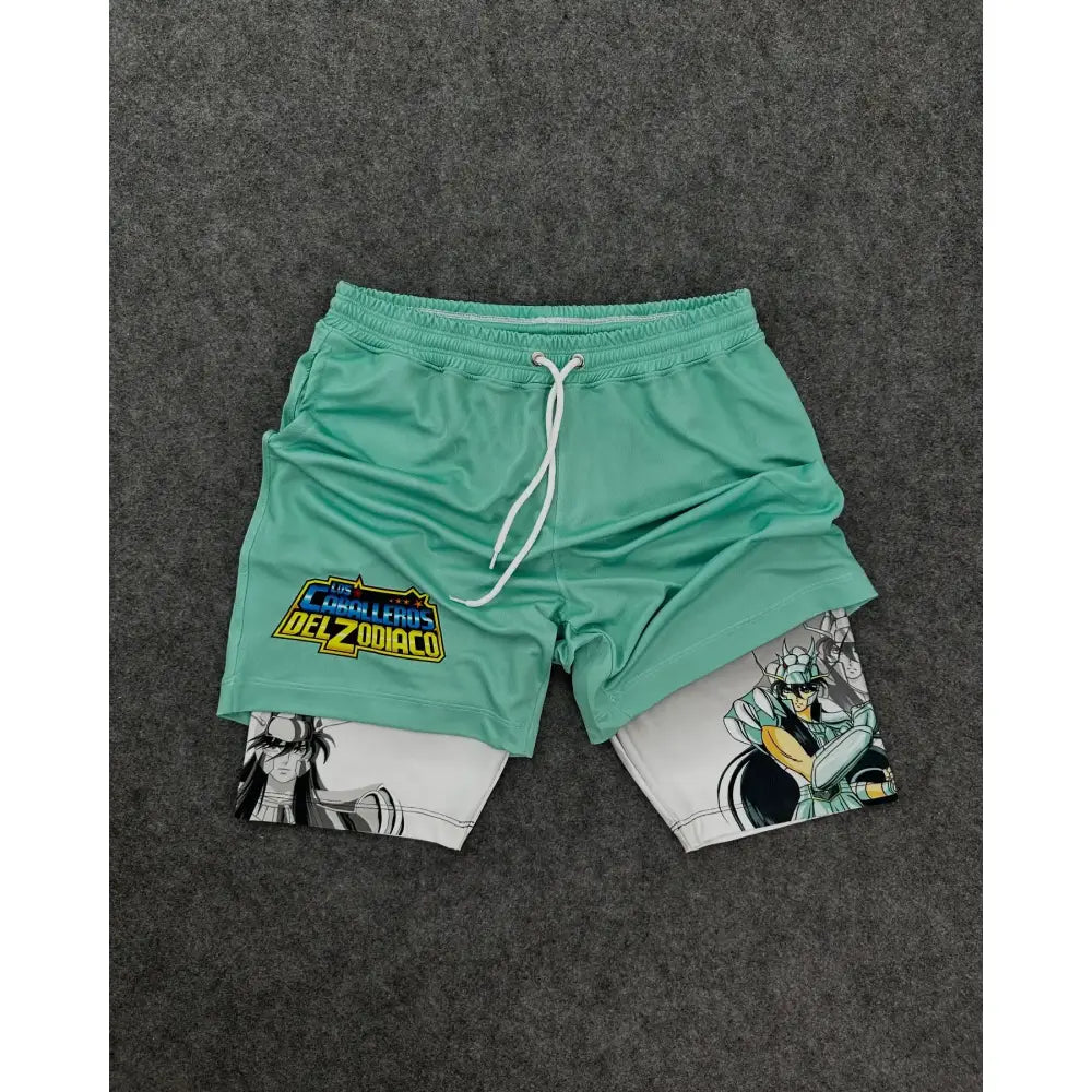 Teal two-tone quick-dry double-layer athletic shorts with the saga of the zodiac logo and evangelion shinji cosplay prints