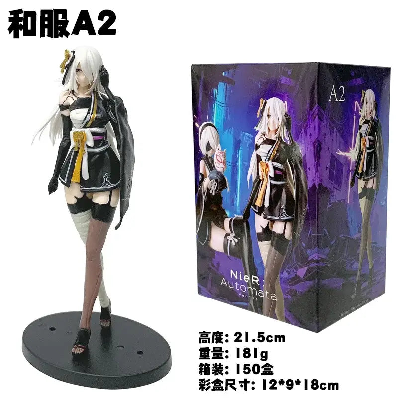 Black and white PVC anime girl figure of NieR Automata yorha no 2 type b in traditional kimono with gold accents on base