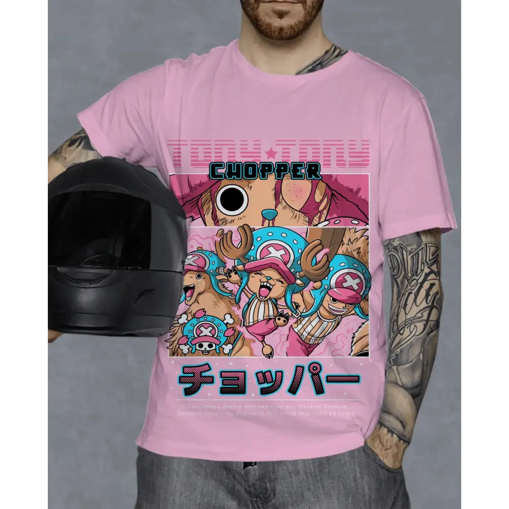 Pink cotton short-sleeved one piece chopper t-shirt with vibrant y2k graphic and bold japanese text on front