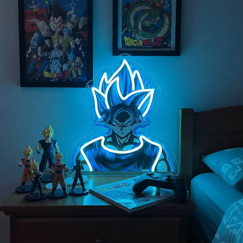 Blue neon led sign shaped like spiky-haired one piece luffy acrylic character with glowing white outlines for bedroom wall light