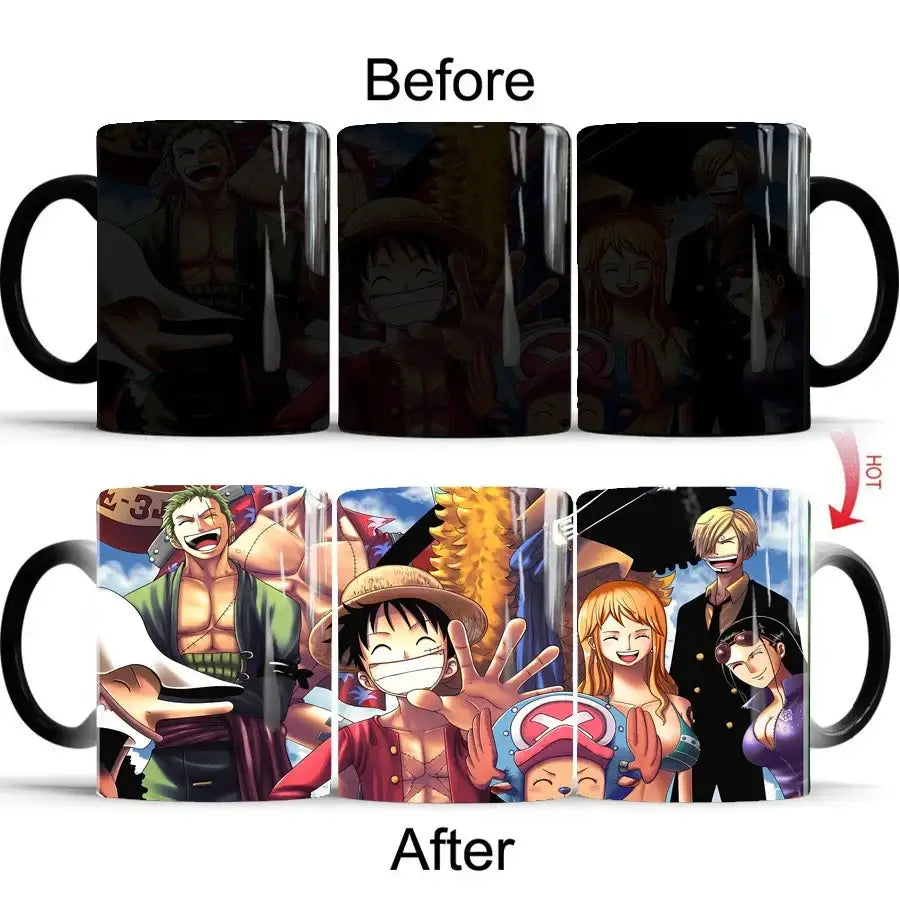 One piece luffy black ceramic heat-change anime mug revealing colorful characters when heated