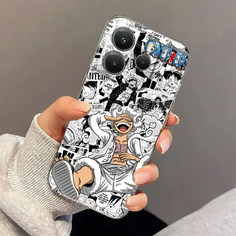 A transparent shockproof TPU piece luffy clear phone case with black and white comic design featuring luffy in dynamic pose