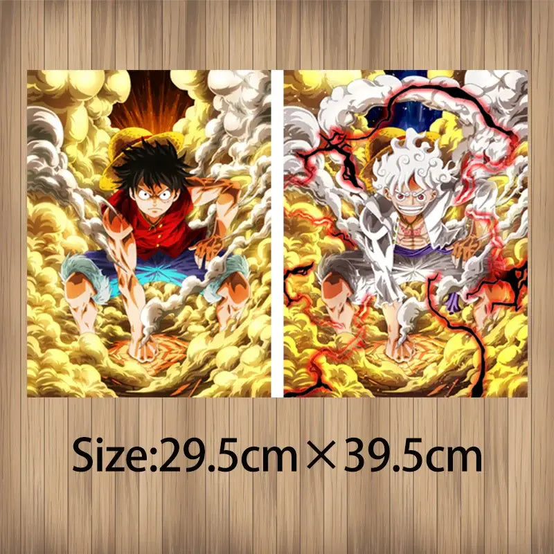 Vibrant one piece luffy gear 5 lenticular poster featuring two dynamic anime characters in bold colors and dramatic effects