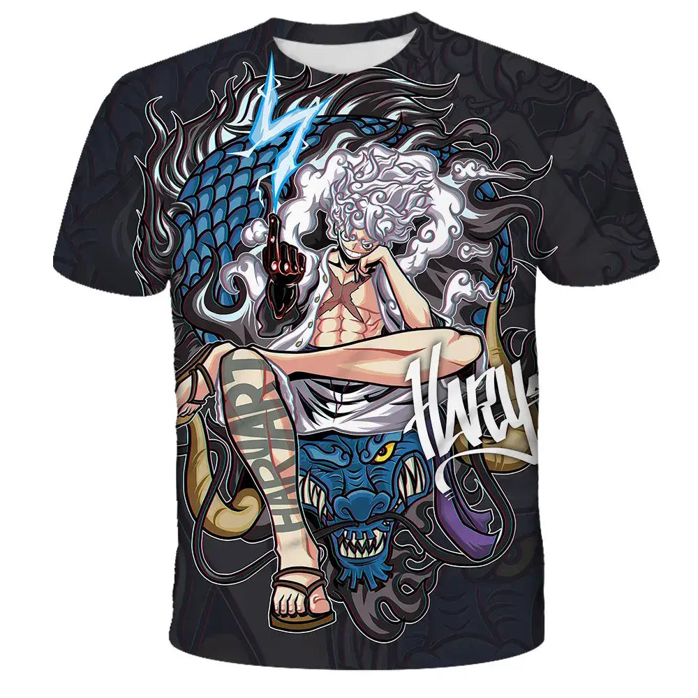 Black short-sleeved cotton t-shirt featuring a vibrant full-body anime character with white curly hair and blue dragon elements