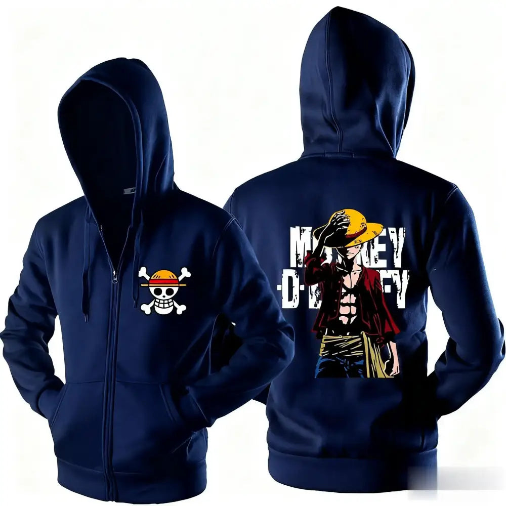 Navy blue oversized zip hoodie with white skull and crossbones and full-color monkey d luffy illustration piece luffy