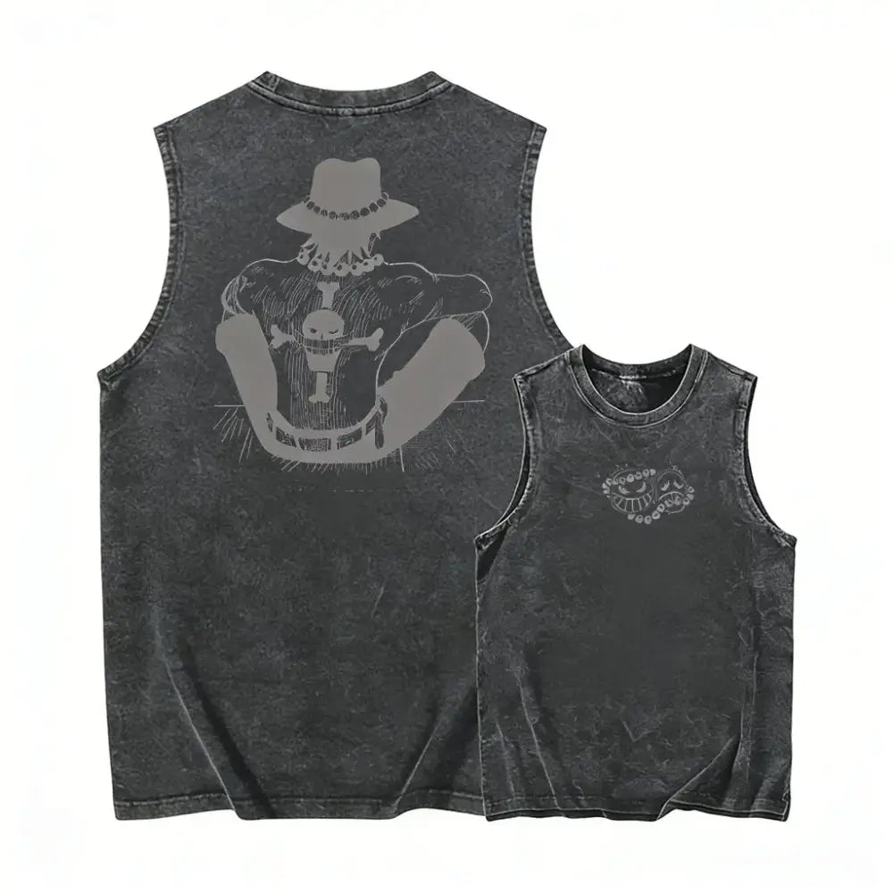 Dark gray distressed one piece luffy sleeveless vest showing back with faded skull graphic y2k washed casual streetwear