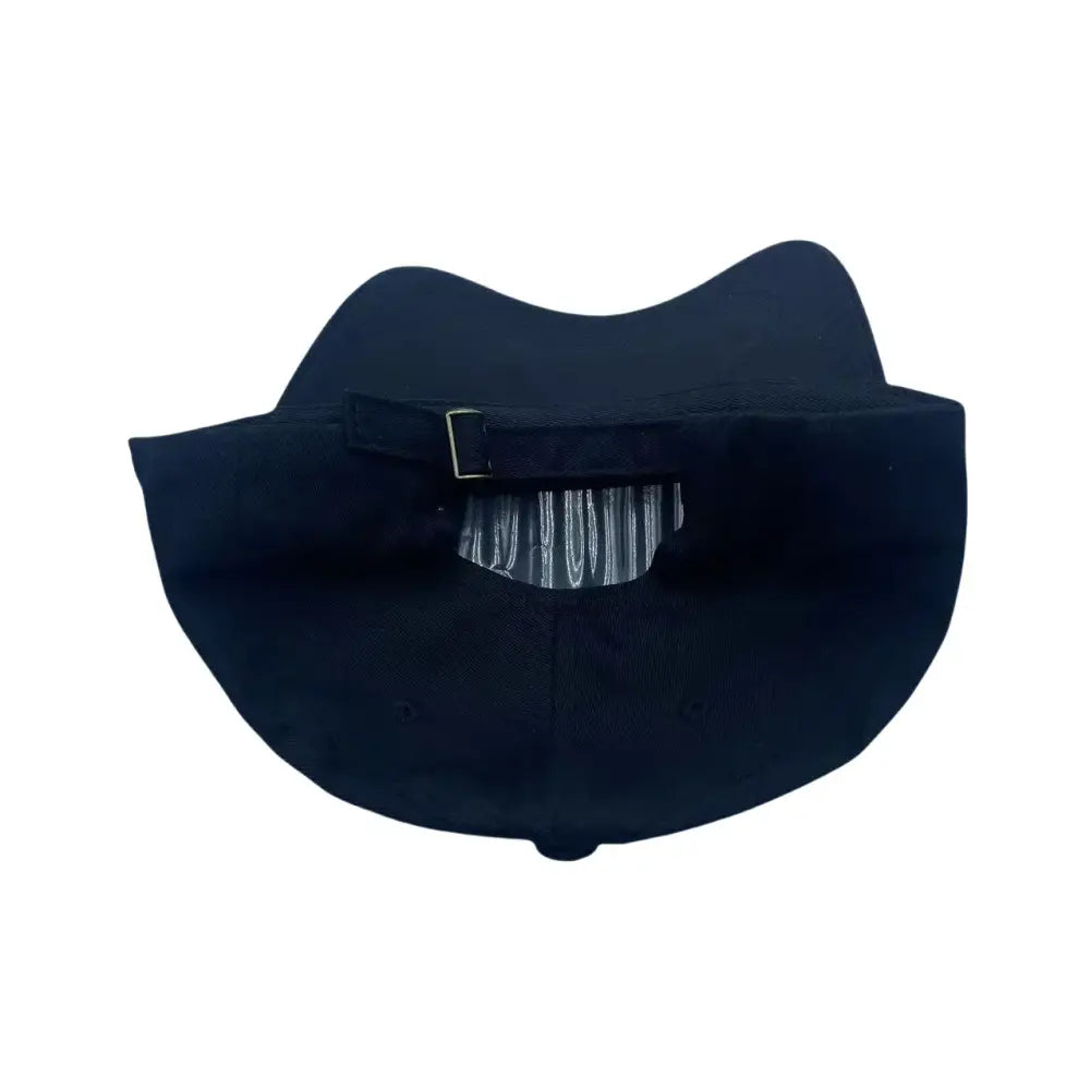 Black fabric bucket hat with adjustable strap and metallic buckle shown from the back side, flat-brim snapback style