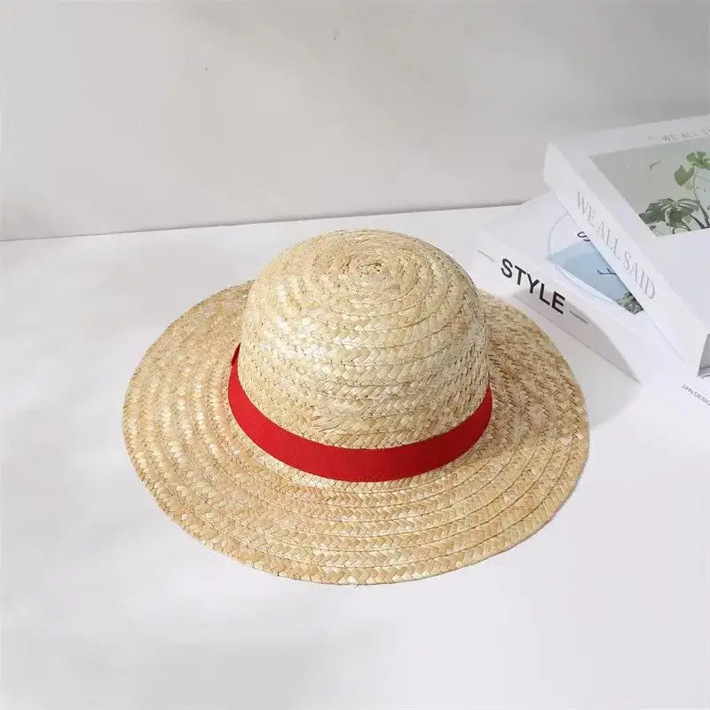 One piece luffy straw hat with wide brim straw hat in natural straw color and red ribbon band for kids and adults