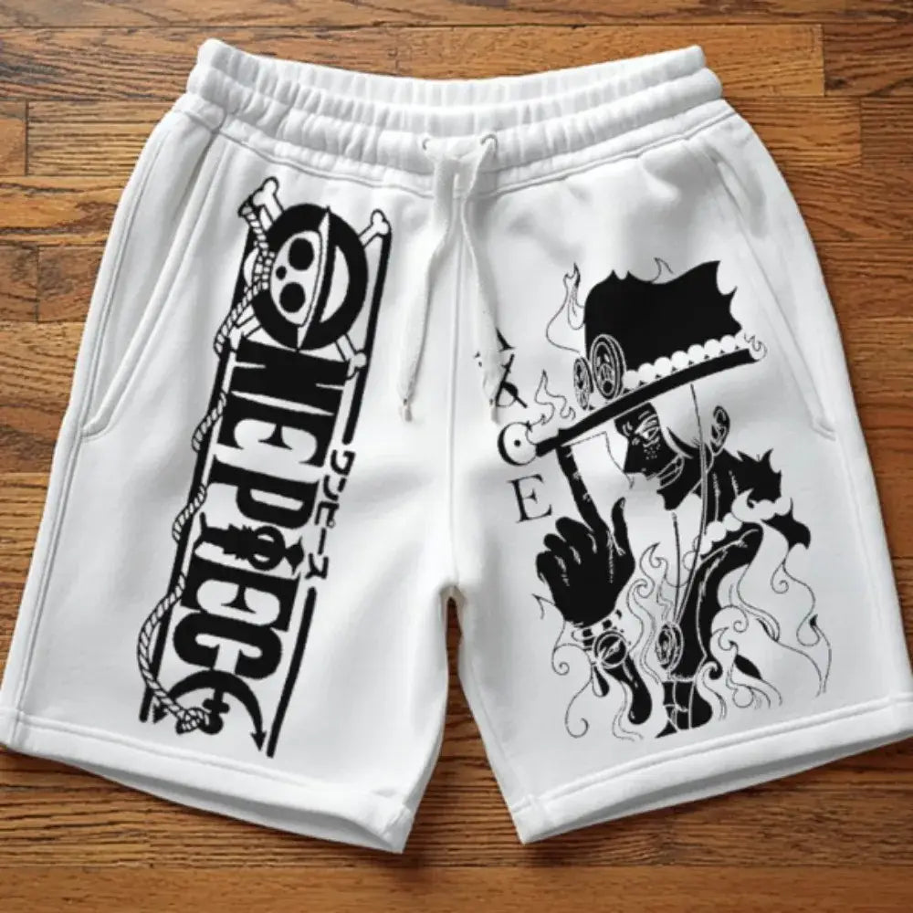 White one piece cotton shorts with black straw hat pirates logo and character print loose fit summer style
