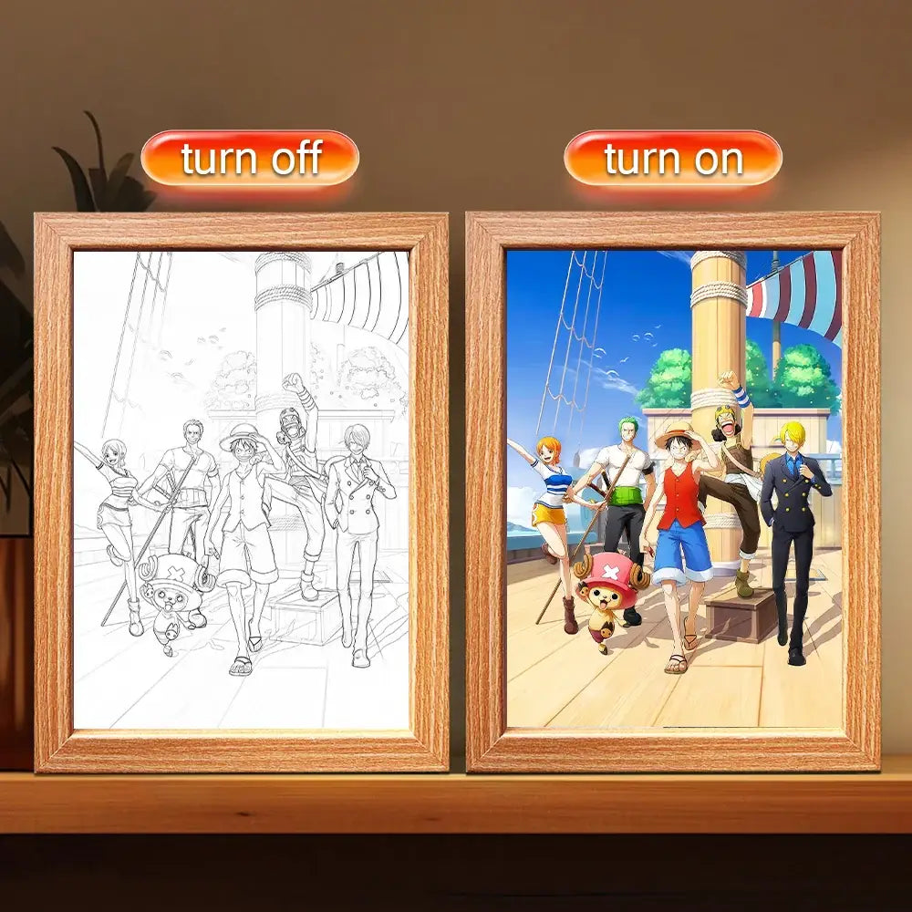 Wooden-framed one piece luffy zoro led frame light with vibrant anime artwork for bedroom decor